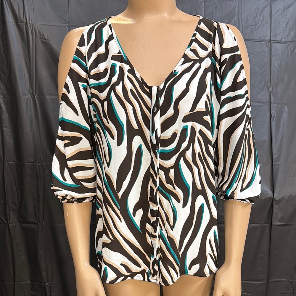Worthington Black/Teal/White 3/4 Sleeve Cold Shoulder Blouse